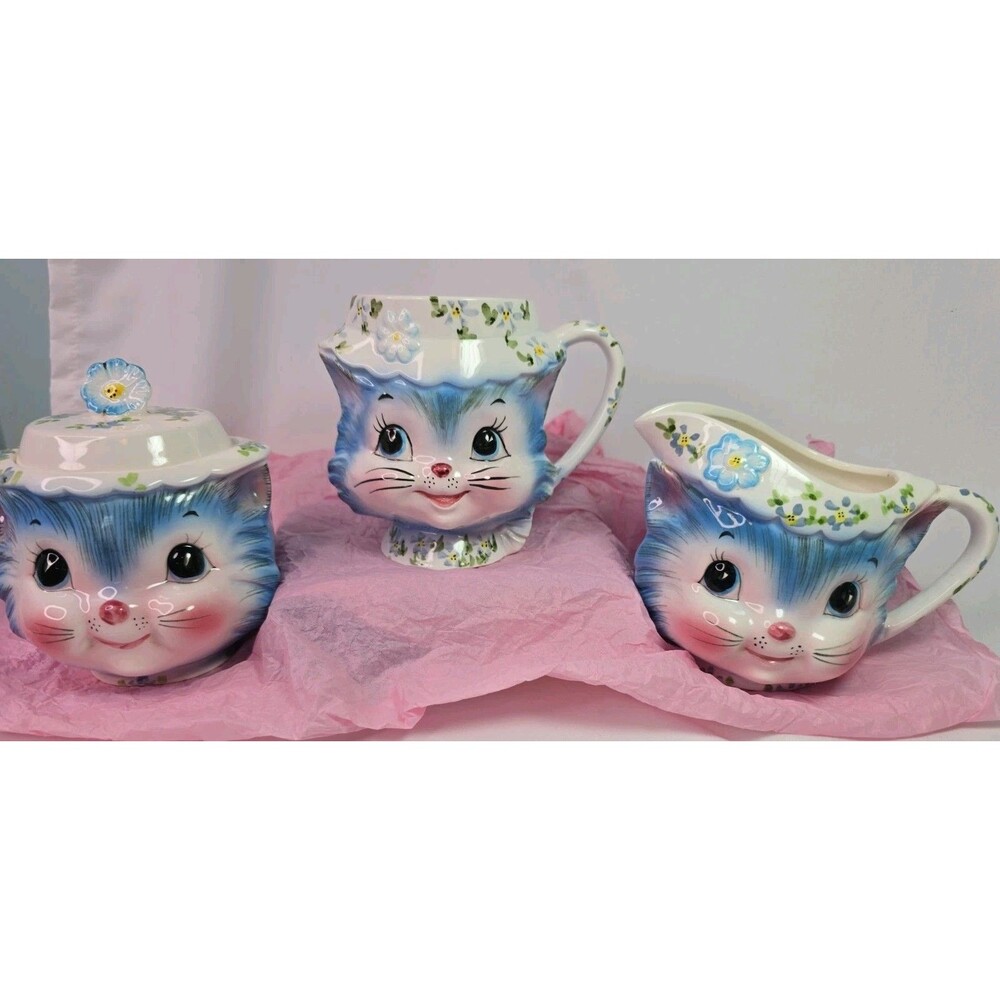 4pcLefton Blue Anthropomorphic Miss PRISS 1508,8169 Sugar Bowl W Lid Creamer,Cup